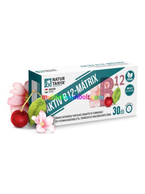 Aktív B12-MÁTRIX - Magas hatóanyag-tartalmú, bioaktív és fermentált - vadcseresznye íz - 30 rágótabletta - Natur Tanya
