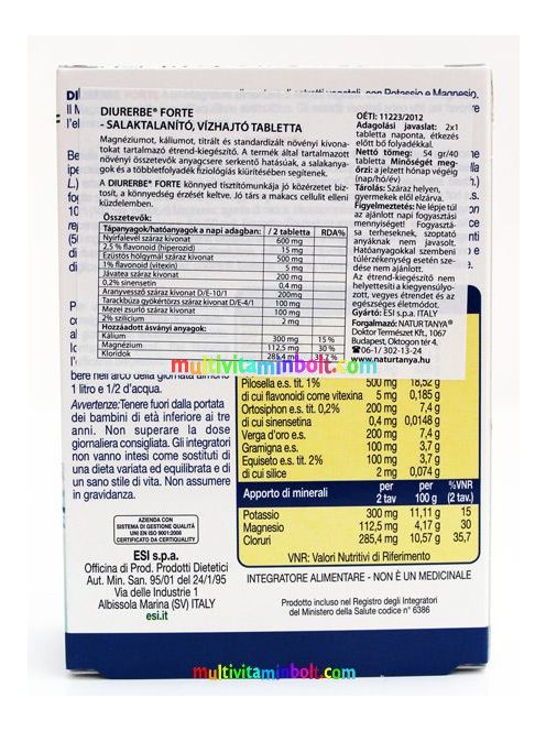 DIURERBE Forte 40 db Tabletta, anyagcsere serkentő és salaktalanító hatású, természetes vízhajtó - ESI
