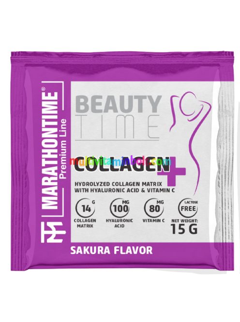 Hidrolizált Kollagén Hialuronsavval 15g, 14000 mg kollagén, 100 mg hialuron,  80 mg C-vitamin, Sakura íz, 1 adag - Marathontime