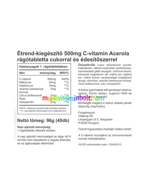 C-500mg Acerola málnás- 40 rágótabletta - Vitaking