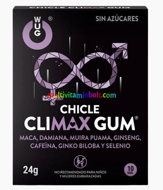 WUG Climax rágógumi 10 db, ideális a szexuális kapcsolatok javításához, Andok Maka, Damiana, Ginzeng, Muira Puama, Koffein, Szelén